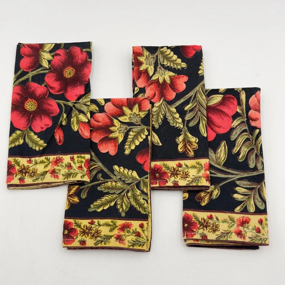 Vintage Cloth Napkins Set of 4 Black Red Floral Botanical Print Cottagecore Boho
